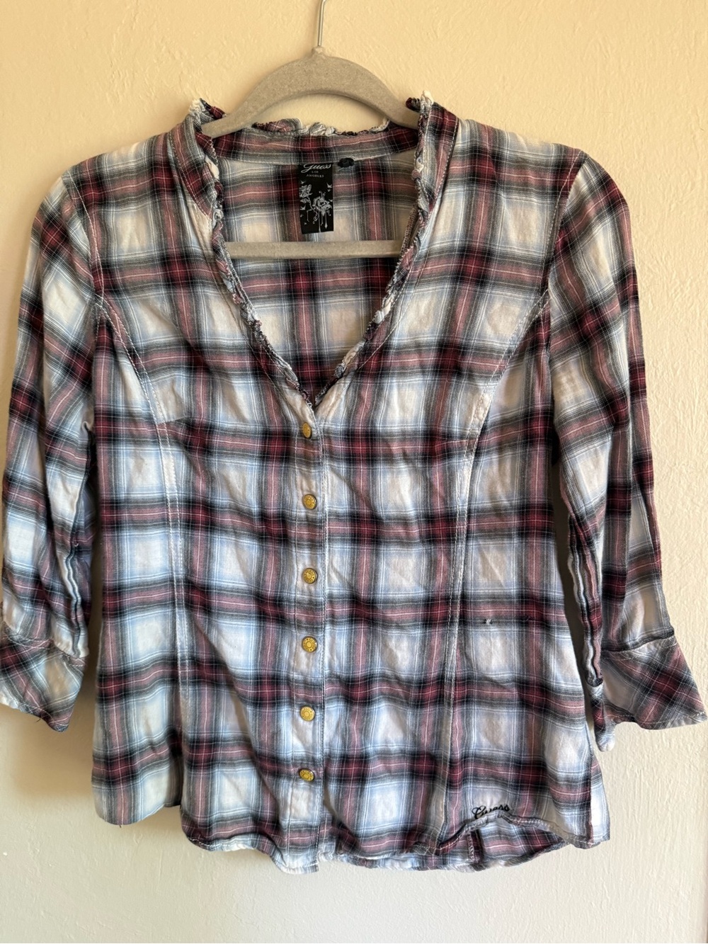 Guess Y2K Plaid Ruffle V-Neck Blouse 3/4 Sleeve Western Grunge Top